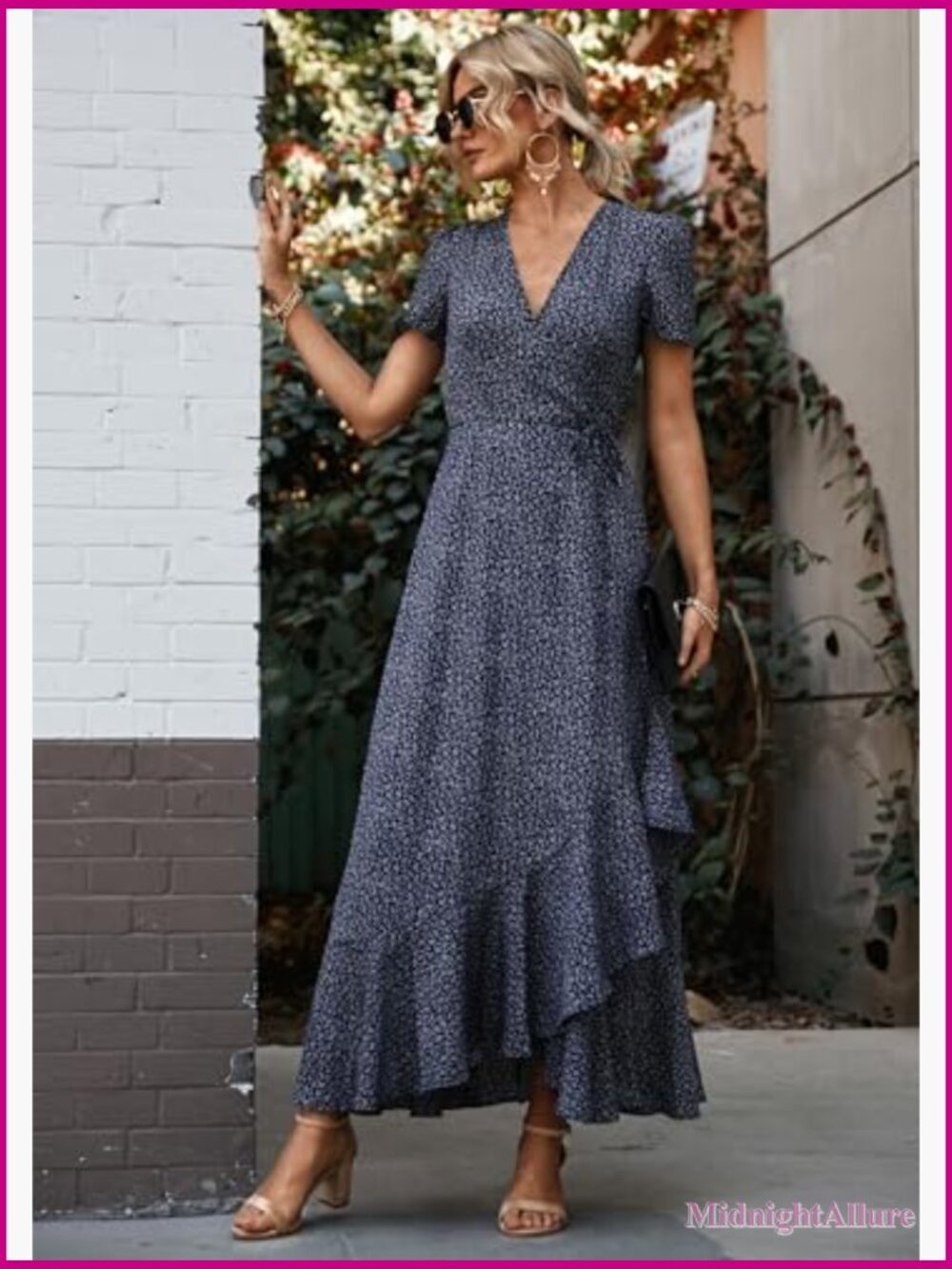 Boho Floral Wrap V Neck Maxi Dress Short Sleeve Flowy Beach Vacation - Picture 6 of 7